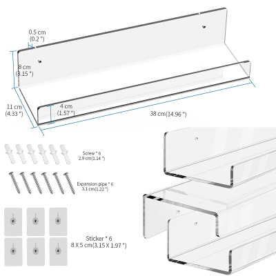 3-Piece Clear Acrylic Floating Wall Shelves Set, 38 x 10.9 x 5.8 cm, Mountable Display Shelf for Bathroom, Kitchen, Toy Storage, Book Organizer, and Living Room