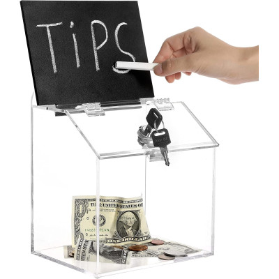 Clear Acrylic Donation Box with Lock and Key, 18 x 14 x 22 cm, Wall Mounted or Countertop Collection with Chalkboard Sign and Removable Display, Secure Fundraising Tip