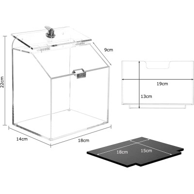 Clear Acrylic Donation Box with Lock and Key, 18 x 14 x 22 cm, Wall Mounted or Countertop Collection with Chalkboard Sign and Removable Display, Secure Fundraising Tip