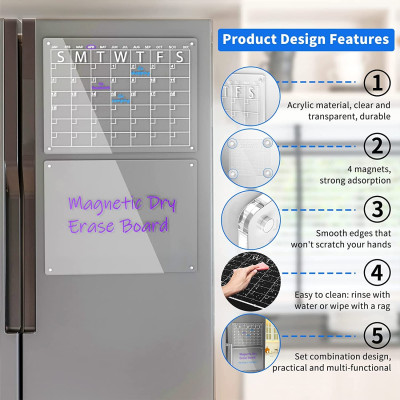 Acrylic Magnetic Dry Erase Board and Calendar Set, Clear Fridge Organizer with Markers and Pen Holder, 40 x 30 cm, For Planning Notes and Schedules, Set of 2