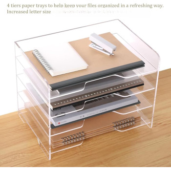 BESTMEDIA Clear Acrylic Paper Organizer Tray, Enlarged 4-Tier Letter Tray for Desk, Stackable File Storage Organizer for Office Accessories