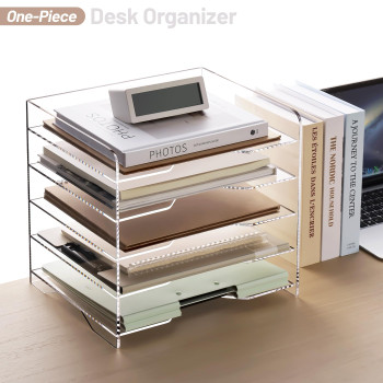 BESTMEDIA Clear Acrylic File Organizer, 5-Tier Horizontal Letter Tray, Enlarged Paper Organizer for Desk, Office, and Home Use