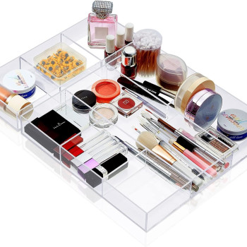 Clear Acrylic Drawer Organizer Set of 2, 6-Section and 3-Section Divided Trays, 30.2 x 30.2 x 4.3 cm and 30.2 x 11.4 x 4.3 cm, Makeup and Desk Storage for Bathroom Kitchen or Office Use