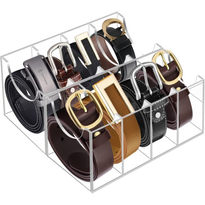 Clear Acrylic Belt Organizer with 8 Compartments, 4 mm Transparent Display Box for Closet Storage, 6 x 11 cm Holder for Ties, Watches, Jewelry and Accessories