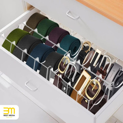Clear Acrylic Belt Organizer with 8 Compartments, 4 mm Transparent Display Box for Closet Storage, 6 x 11 cm Holder for Ties, Watches, Jewelry and Accessories