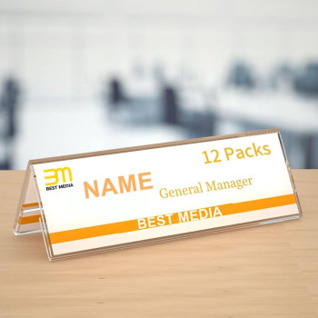 12 Pack Acrylic Name Plates for Desk, 21x7.3 CM, Clear Tent Sign Holders, Double-Sided Reusable Display Stands for Office, Classroom, and Conference Events