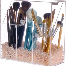 Acrylic Makeup Brush Holder with Decorative Pink Pearls, 3-Slot Personal Organizer with Closable Protective Lid, Heavy-Duty, Cosmetics Storage