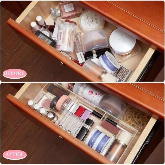 Clear Acrylic Drawer Organizer 2 Pieces 6 Section, Desk Organizer with Dividers 3 Section, Makeup Organizer Drawers Storage