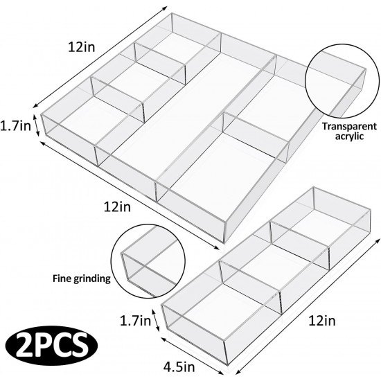 Clear Acrylic Drawer Organizer 2 Pieces 6 Section, Desk Organizer with Dividers 3 Section, Makeup Organizer Drawers Storage