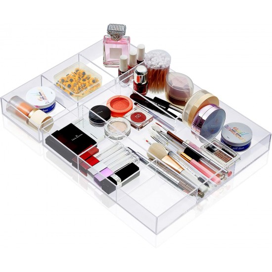 Clear Acrylic Drawer Organizer 2 Pieces 6 Section, Desk Organizer with Dividers 3 Section, Makeup Organizer Drawers Storage