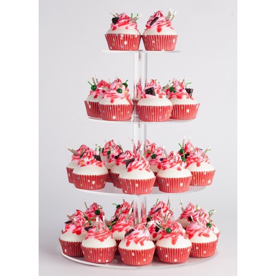4 Tier Round Clear Acrylic Cupcake Stand, Premium Cupcake Holder, Acrylic Cupcake Tower Display Candy Bar Party Décor
