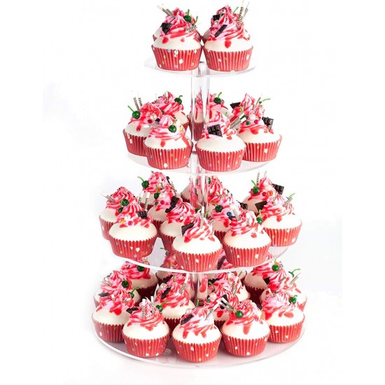 4 Tier Round Clear Acrylic Cupcake Stand, Premium Cupcake Holder, Acrylic Cupcake Tower Display Candy Bar Party Décor