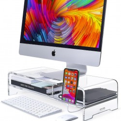 Clear Acrylic Monitor Stand, 20 Inch Width, 2 Tier with Storage, Desk Organizer, Desktop Printer, Laptop Storage Rack, Monitor Stand, Phone Holder