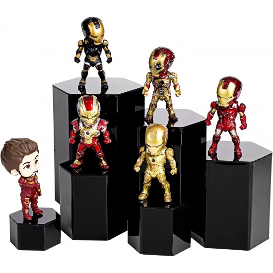 Hexagonal Acrylic Display Stand Riser for Accessories Jewelry ,Showcase (6 Sizes) (Black)