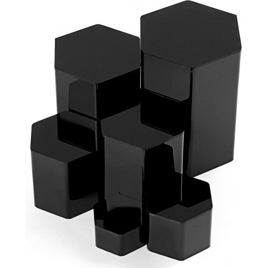Hexagonal Acrylic Display Stand Riser for Accessories Jewelry ,Showcase (6 Sizes) (Black)