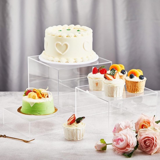 Square Acrylic Display Stand Riser for Accessories, Jewelry Showcase & Food (7 Sizes) (Clear)