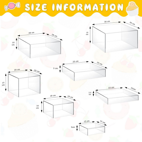 Square Acrylic Display Stand Riser for Accessories, Jewelry Showcase & Food (7 Sizes) (White)