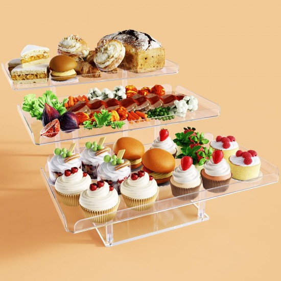 3 Tier Acrylic Serving Tray, Display Stand for Fruits Cupcakes, Catering and Buffet Table Presentations, Reusable Tiered Platters, Clear - Rectangular