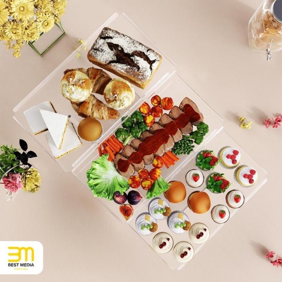 3 Tier Acrylic Serving Tray, Display Stand for Fruits Cupcakes, Catering and Buffet Table Presentations, Reusable Tiered Platters, Clear - Rectangular