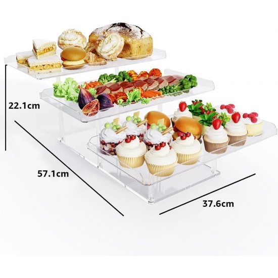 3 Tier Acrylic Serving Tray, Display Stand for Fruits Cupcakes, Catering and Buffet Table Presentations, Reusable Tiered Platters, Clear - Rectangular
