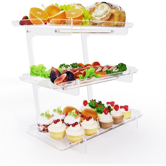 3 Tier Acrylic Serving Tray, Display Stand for Fruits Cupcakes, Catering and Buffet Table Presentations, Reusable Tiered Platters, Clear - E-Shape