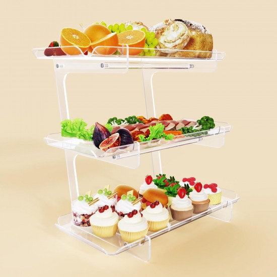 3 Tier Acrylic Serving Tray, Display Stand for Fruits Cupcakes, Catering and Buffet Table Presentations, Reusable Tiered Platters, Clear - E-Shape