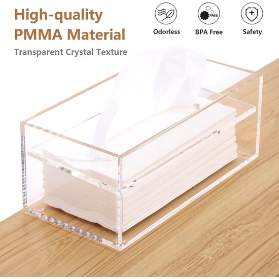 Clear Acrylic Tissue Box Cover Holder (26x12x10cm), Rectangle Napkin Dispenser Organizer, Disposable Paper Laundry