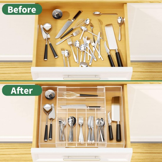 Clear Acrylic Kitchen Drawer Organizer for Flatware and Utensils, Expandable Silverware Organizer and Cutlery Tray for Kitchen, Office,Bathroom Supplies, 21"