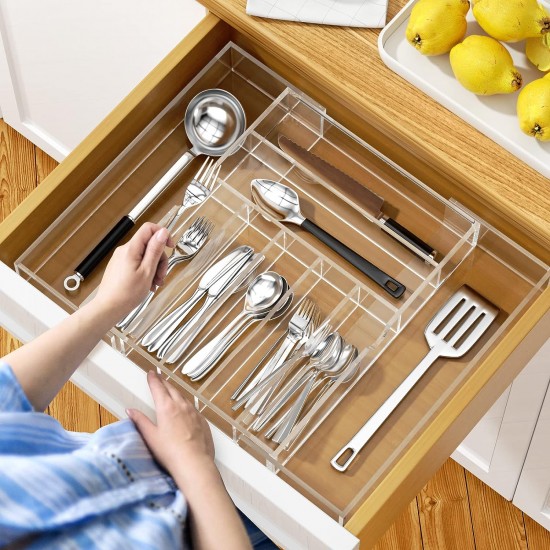 Clear Acrylic Kitchen Drawer Organizer for Flatware and Utensils, Expandable Silverware Organizer and Cutlery Tray for Kitchen, Office,Bathroom Supplies, 21"