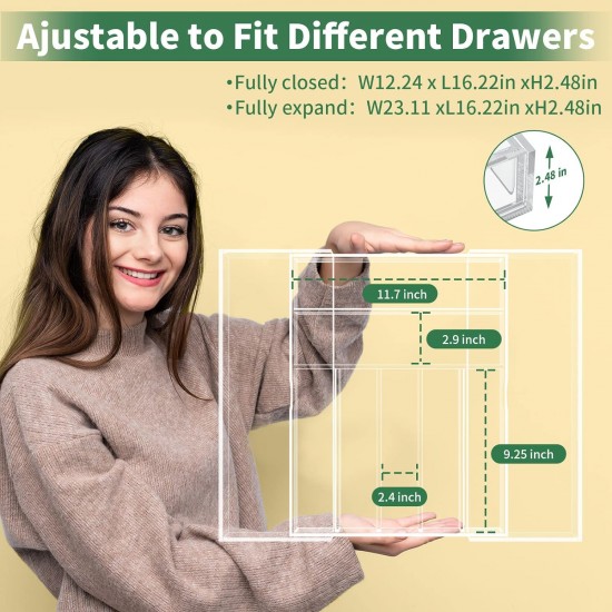 Clear Acrylic Kitchen Drawer Organizer for Flatware and Utensils, Expandable Silverware Organizer and Cutlery Tray for Kitchen, Office,Bathroom Supplies, 21"