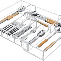 Clear Acrylic Kitchen Drawer Organizer for Flatware and Utensils, Expandable Silverware Organizer and Cutlery Tray for Kitchen, Office,Bathroom Supplies, 21"