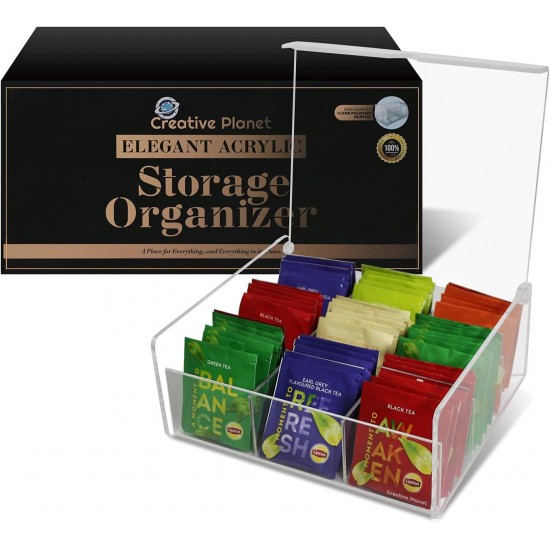 Clear Acrylic Tea Organizer with Lid for Kitchen Cabinets Pantry (9 Compartments)