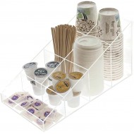 Clear Acrylic Coffee Station Organizer for Break Room, Kitchen Cups/Lids/Sugar/Tea/Stirrers( 7 compartments)