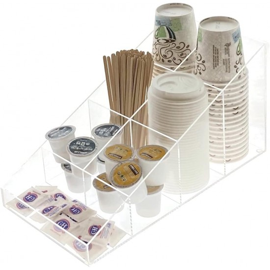 Clear Acrylic Coffee Station Organizer for Break Room, Kitchen Cups/Lids/Sugar/Tea/Stirrers( 7 compartments)