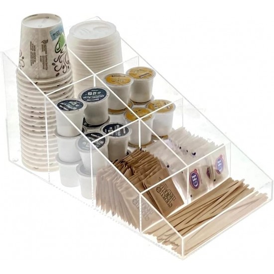 Clear Acrylic Coffee Station Organizer for Break Room, Kitchen Cups/Lids/Sugar/Tea/Stirrers( 7 compartments)