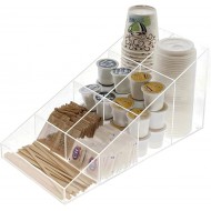 Clear Acrylic Coffee Station Organizer for Break Room, Kitchen Cups/Lids/Sugar/Tea/Stirrers( 7 compartments)
