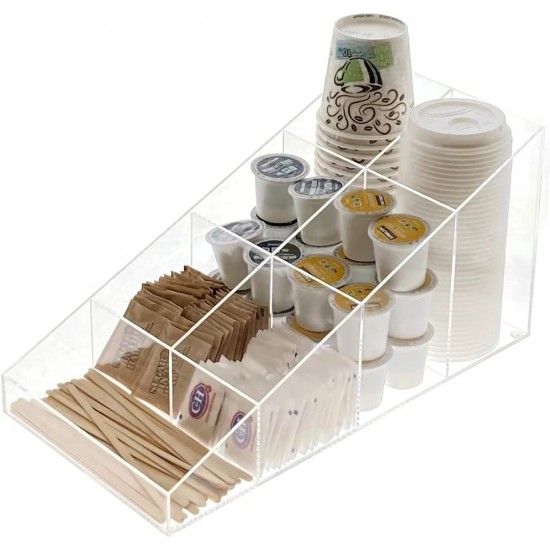 Clear Acrylic Coffee Station Organizer for Break Room, Kitchen Cups/Lids/Sugar/Tea/Stirrers( 7 compartments)