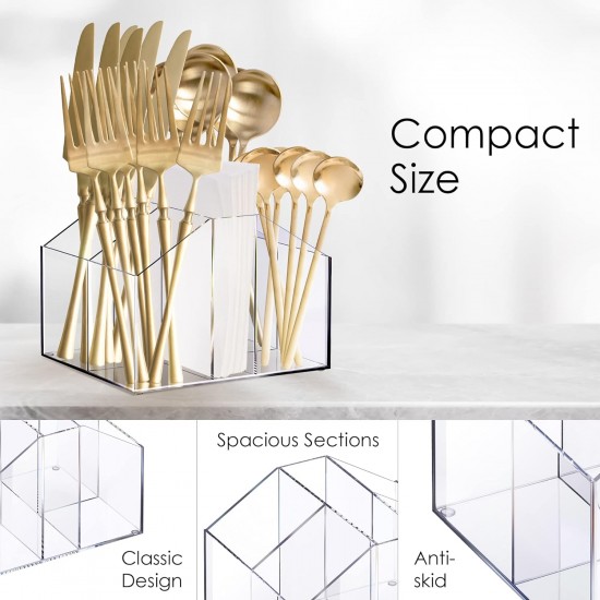 Clear Acrylic Silverware Organizer for Kitchen, suitable for organizing Spoons, Forks & Napkin Holder, Countertop (5 Compartments)
