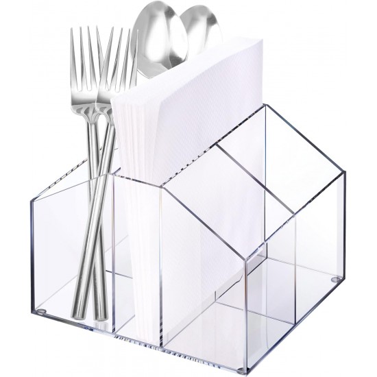 Clear Acrylic Silverware Organizer for Kitchen, suitable for organizing Spoons, Forks & Napkin Holder, Countertop (5 Compartments)