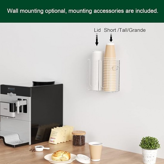 Disposable Coffee Cup Dispenser with Handles, Countertop or Wall Mount Hot/Cold Drink Cup and Lid Holder Organizer