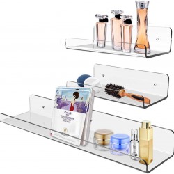 Clear Acrylic Floating Shelf, Wall Mounted Display Organizer, Two Different Sizes (3 Pack), Book Storage Rack for Home & Office