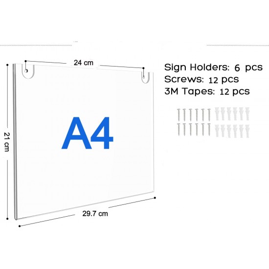  Clear Acrylic Sign Holder (A4), Wall Mount, Sign Holder Picture Frames, with Screws (21x29.7cm) (6 Pack)