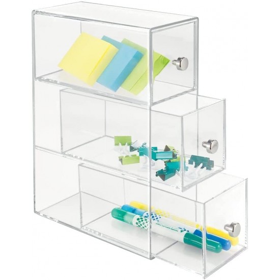 Acrylic Desk Organizer, Storage Station, Home Office(17.8x8.9x25.4cm), Vertically or Horizontally, (3 Drawers)(2 Pack)