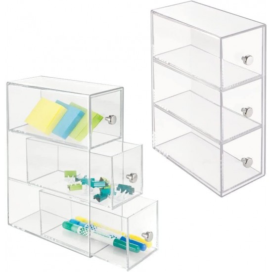 Acrylic Desk Organizer, Storage Station, Home Office(17.8x8.9x25.4cm), Vertically or Horizontally, (3 Drawers)(2 Pack)