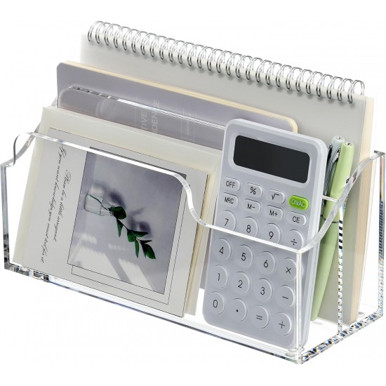 Clear Acrylic Desktop Organizer Box, 2 Compartments Countertop Office Accessories and Paper Storage Holder