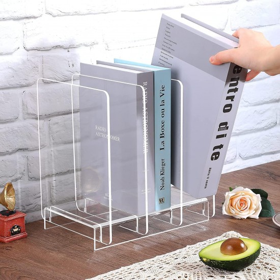 Clear Acrylic File Organizer, Desk Standing on Table for Books and Files Storage Holder with 4 Detachable Dividers (8 mm) (25x20x25 cm)