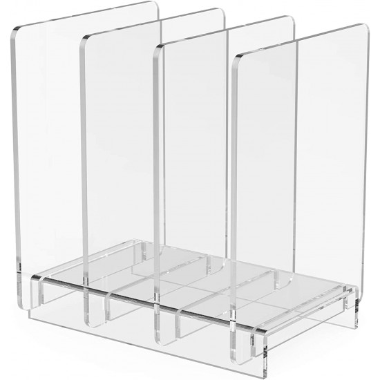Clear Acrylic File Organizer, Desk Standing on Table for Books and Files Storage Holder with 4 Detachable Dividers (8 mm) (25x20x25 cm)