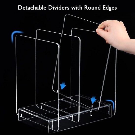 Clear Acrylic File Organizer, Desk Standing on Table for Books and Files Storage Holder with 4 Detachable Dividers (8 mm) (25x20x25 cm)