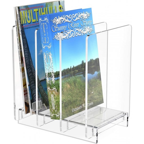 Clear Acrylic File Organizer, Desk Standing on Table for Books and Files Storage Holder with 4 Detachable Dividers (8 mm) (25x20x25 cm)