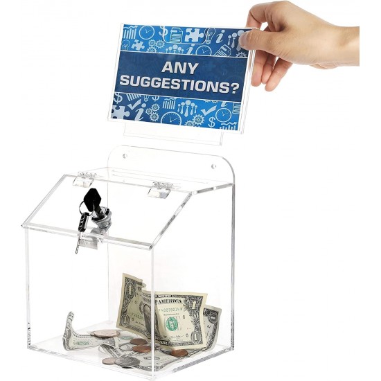 Clear Acrylic Donation & suggestion Box with Lock Countertop, Wall Mounted, Removable Sign Holder
